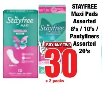 Boxer Superstores STAYFREE Maxi Pads Assorted/ Pantyliners Assorted offer
