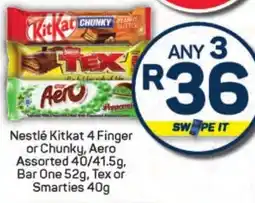 Pick n Pay Hypermarket Nestlé Kitkat 4 Finger or Chunky, Aero Assorted, Bar One, Tex or Smarties offer