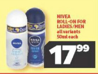 Usave Nivea Roll-on for Ladies/Men 50ml offer