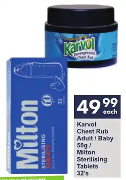 President Hyper Karvol Chest Rub Adult/ Baby/ Milton Sterilising Tablets offer