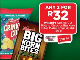 OK Foods Willard's Crinkle Cut Potato Chips or Big Korn Bites Maize Chips Asstd. offer