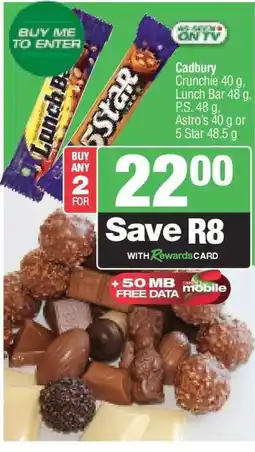 Spar Cadbury Crunchie 40 g, Lunch Bar 48 g, P.S. 48 g, Astro's 40 g or 5 Star 48.5 g offer