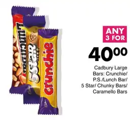 Save Cadbury Large Bars Crunchie/ P.S./Lunch Bar/ 5 Star/ Chunky Bars/ Caramello Bars offer