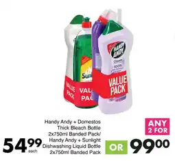 Save Handy Andy + Domestos Thick Bleach Bottle Banded Pack/ Handy Andy + Sunlight Dishwashing Liquid Bottle Banded Pack offer