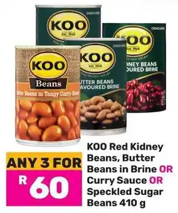 Game KOO Red Kidney Beans, Butter Beans in Brine OR Curry Sauce OR Speckled Sugar Beans offer