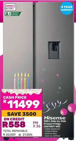 Game Hisens Side-by-Side Freezer Fridge offer