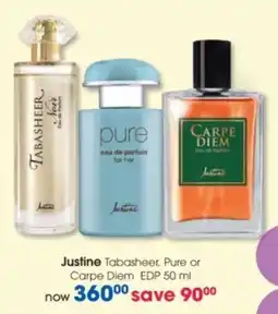 Clicks Justine Tabasheer, Pure or Carpe Diem EDP offer