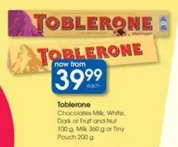 Clicks Toblerone Chocolates Milk, White, Dark or Fruit and Nut, Milk or Tiny Pouch offer