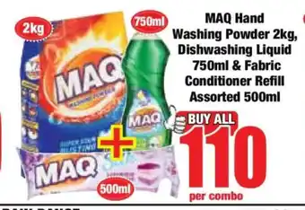 Boxer MAQ Hand Washing Powder 2kg, Dishwashing Liquid 750ml & Fabric Conditioner Refill Assorted 500ml offer