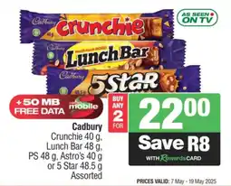 KwikSpar Cadbury Crunchie, Lunch Bar, PS, Astro's or 5 Star Assorted offer