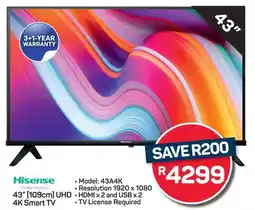 Pick n Pay Hypermarket Hisense 43" (109cm) UHD 4K Smart TV offer