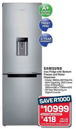 Pick n Pay Hypermarket SAMSUNG Inox Fridge with Bottom Freezer and Water Dispenser offer