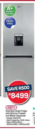 Pick n Pay Hypermarket DEFY Stainless Steel Fridge with Bottom Freezer and Water Dispenser offer
