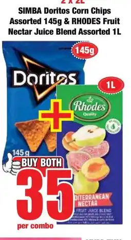 Boxer SIMBA Doritos Corn Chips Assorted 145g & RHODES Fruit Nectar Juice Blend Assorted 1L offer