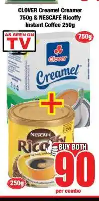 Boxer CLOVER Creamel Creamer 750g & NESCAFÉ Ricoffy Instant Coffee 250g offer