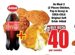 Boxer Go Meal 2 (2 Pieces Chicken, Pap & Gravy) & COCA COLA Original Soft Drink 440ml offer