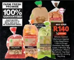 Checkers Choice Golden Delicious Apples/ Class 1 Boil & Roast Potatoes/ Class 1 Onions/ Class 1 Roma Tomatoes/ Oranges for Juicing offer