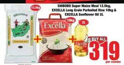 Boxer SHIBOBO Super Maize Meal 12.5kg, EXCELLA Long Grain Parboiled Rice 10kg & EXCELLA Sunflower Oil 2L offer