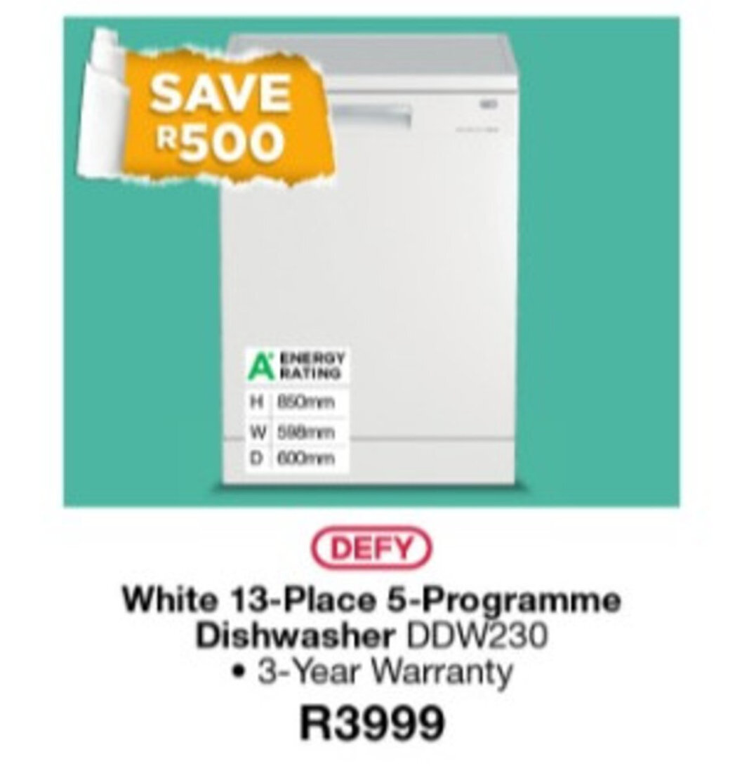 Defy White 13Place 5Programme Dishwasher DDW230 offer at House & Home