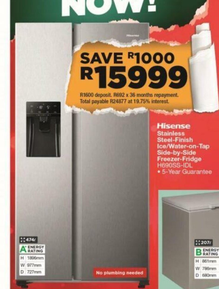 Hisense Stainless SteelFinish Ice/WateronTap SidebySide Freezer