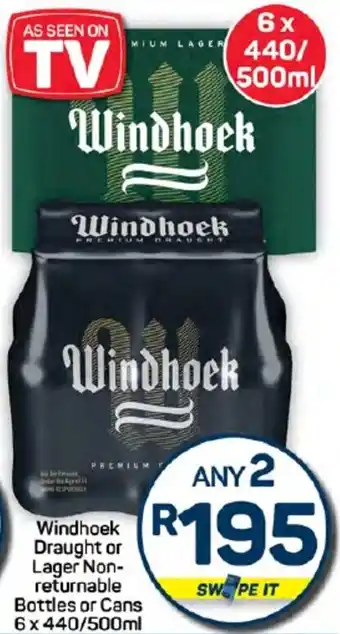 Pick n Pay Windhoek Draught or Lager Non-returnable Bottles or Cans offer