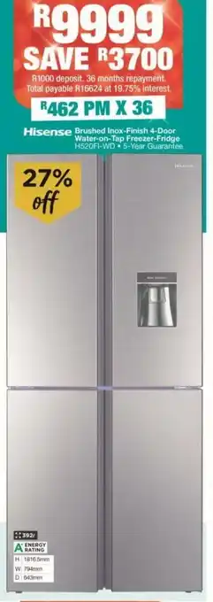 House & Home Hisense - Brushed Inox-Finish 4-Door Water-on-Tap Freezer-Fridge - H520FI-WD offer