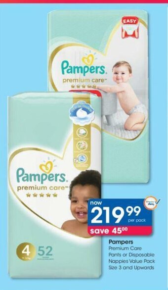 Clicks Pampers - Premium Care Pants or Disposable Nappies Value Pack Size 3 and Upwards offer