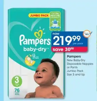 Clicks Pampers New Baby-Dry Disposable Nappies or Pants Jumbo Pack offer