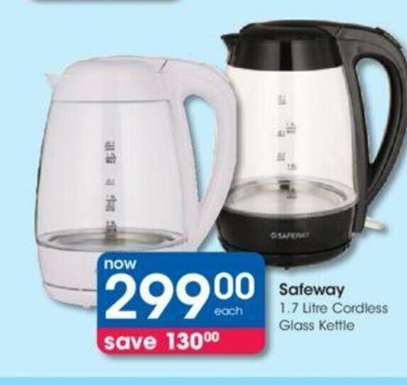 Safeway 1.7 Litre Cordless Glass Kettle offer at Clicks