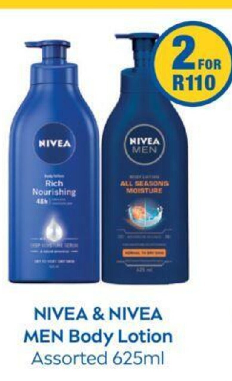 Nivea & Nivea Men Body Lotion Assorted 625ml offer at Clicks