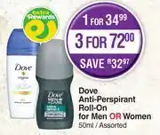 Dis-Chem Dove Anti-Perspirant Roll-On For Men Or Women Assorted-50ml Each offer