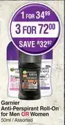 Dis-Chem Garnier Anti Perspirant Roll On For Men Or Women Assorted-50ml Each offer
