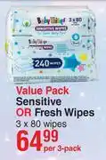 Dis-Chem Baby Things Value Pack Sensitive Or Fresh Wipes 3 x 80 Wipes-Per 3 Pack offer