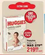 Dis-Chem Huggies Extra Care Nappies Sizes 1-5 Jumbo Pack-Per Pack offer