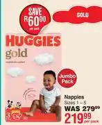 Dis-Chem Huggies Gold Nappies Sizes 1-5 Jumbo Pack-Per Pack offer