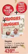 Dis-Chem Huggies Extra Care Nappies 2 x Sizes 1-2 Jumbo Pack/2 x Sizes 3-5 Value Pack-Per 2 Pack offer