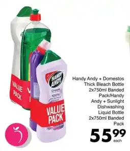 Save Handy Andy + Domestos Thick Bleach Bottle Banded Pack/Handy Andy + Sunlight Dishwashing Liquid Bottle Banded Pack offer