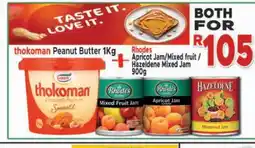 Supa Store Thokoman Peanut Butter 1Kg + Rhodes Apricot Jam/Mixed fruit/Hazeldene Mixed Jam 900g offer