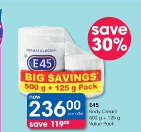 E45 Body Cream 500g + 125g Value Pack offer at Clicks