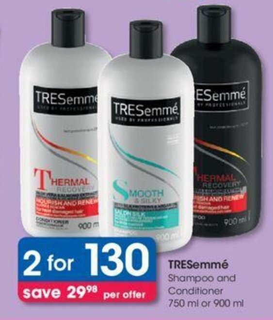 Tresemme Shampoo and Conditioner 750 ml or 900ml offer at Clicks