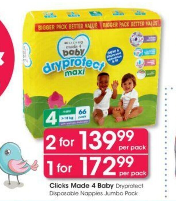 Clicks Made 4 Baby Dryprotect Disposable Nappies Jumbo Pack offer at Clicks