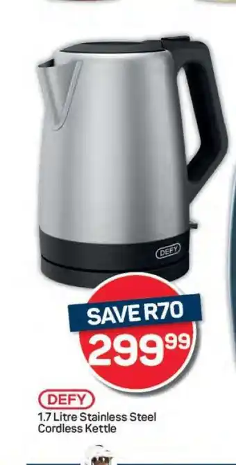 Pick n Pay DEFY 1.7 Litre Stainless Steel Cordless Kettle offer