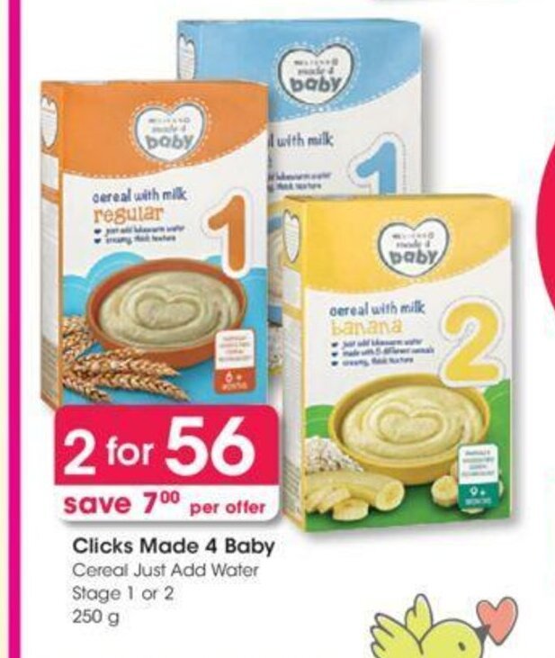 Clicks Made 4 Baby Cereal Just Add Water Stage 1 or 2 250g offer at Clicks
