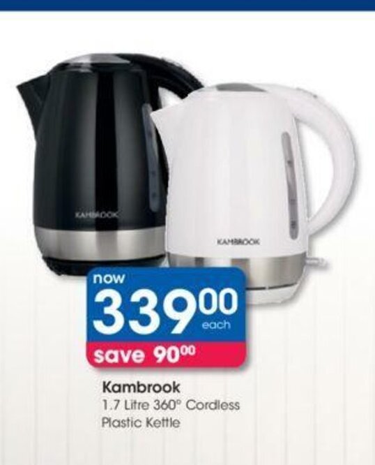 Kambrook 1.7 Litre 360° Cordless Plastic Kettle offer at Clicks