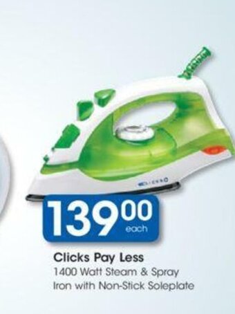 Clicks Pay Less 1400 Watt Steam & Spray Iron with Non-Stick Soleplate