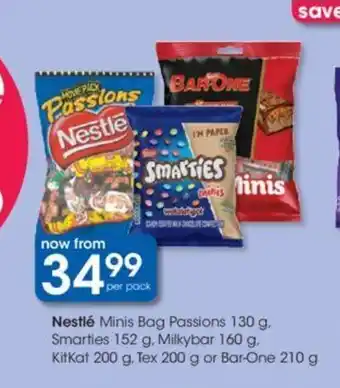 Clicks Nestle Minis Bag Passions 130g, Smarties 152g, Milkbar 160g, Kitkat 200g, Tex 200g or Bar-One 210g offer