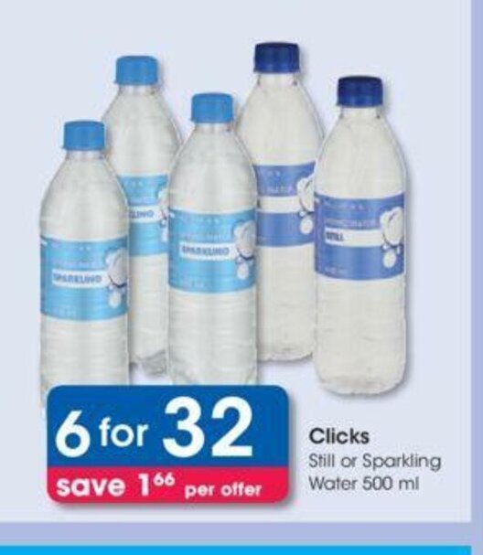Clicks Still or Sparkling Water 500 ml offer at Clicks