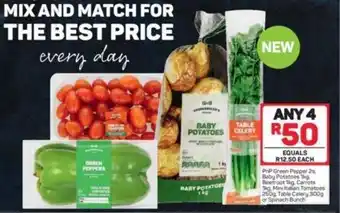Pick n Pay PnP Green Pepper 2s, Baby Potatoes 1kg, Beetroot 1kg, Carrots 1kg, Mini Italian Tomatoes 250g, Table Celery 300g or Spinach offer