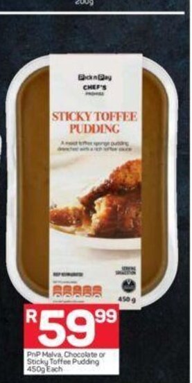 Pick n Pay PnP Malva, Chocolate or Sticky Toffee Pudding 450g offer