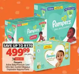 Checkers Pampers Active Baby/Premium Care/ Ultra Skin Comfort Megabox Disposable Nappies/Pants offer